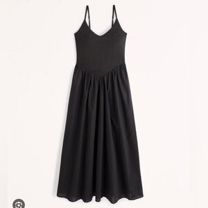 Abercrombie & Mixed Fabric Drop-Waist Midi Dress black ribbed top poplin skirt M